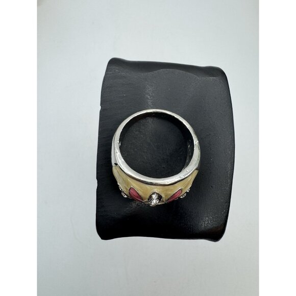 Pretty Costume Jewelry Ring Silver Tone And Enamel Whit Rhinestone  Ring Sz 10 - Picture 11 of 12